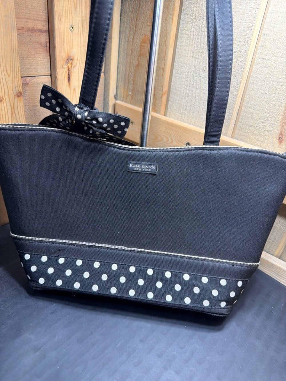 Kate Spade Black & White Polka Dot Bow Ribbon Tote Shoulder Bag Women's Good - Picture 2 of 10